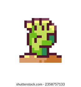 Pixel Art Zombie Hand. Retro 8-Bit Stil Halloween Dekor Spooky Untote Illustration. Ideal für Aufkleber, Retro Decorative Video Game Element, Game Asset, Emoji, Avatar oder Cute Geek Patch.	