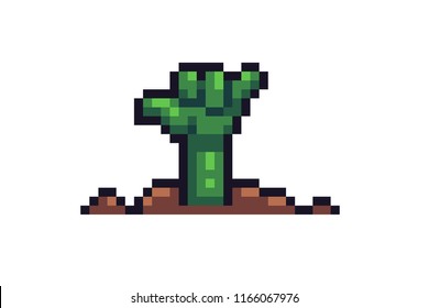 Pixel art zombie hand with shaka gesture sticks out from the ground