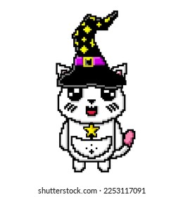 Pixel art.Cute mascot cat wearing a witch hat and carrying a magic wand kawaii