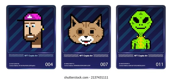 Pixel arts NFT in card collection. Banner Non-fungible token with cryptocurrency NFT cards. 3D hologram CryptoArts ticket with neon and squares blockchain, ERC20, ethereum. Non-fungible token. Vector