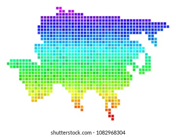 Pixel Asia map. Vector territory scheme drawn with bright rainbow color tones with vertical gradient. Color vector mosaic of Asia map organized from rectangle dots.