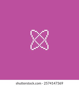 Pixel atom or energy symbol. Vector illustration of white icon on bright pink isolated background in Y2K style. 8 bit vintage cyber element for video games, stickers or logos.