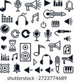 Pixel audio and music icon set with sound volume microphone speaker and media controls in retro style