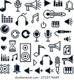 Pixel-Audio- und Musik-Icon-Set mit Sound-Lautstärke-Mikrofon-Lautsprecher und Mediensteuerung im Retro-Stil