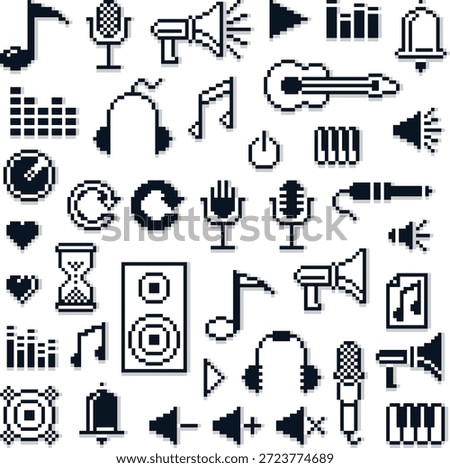 Pixel audio and music icon set with sound volume microphone speaker and media controls in retro style