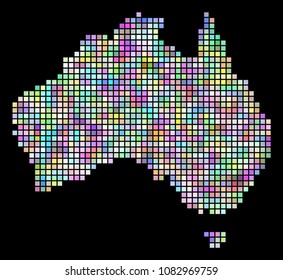 Pixel Australia map. Vector geographic map in smoothed random colors on a black background. Vector collage of Australia map created with regular rectangle elements.