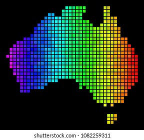 Pixel Australia Map. Vector territory plan in bright spectral color tints on a black background. Abstract Australia Map composition is designed of color square elements.