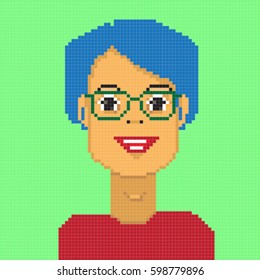 Pixel avatar illustration representing a happy young boy with green hair over pink