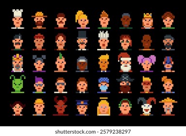 Pixel avatars characters set of the 8-bit avatar, funny faces in 80-s, NFT. Cartoon vector icon, game user, web profile persons, people, social net portraits