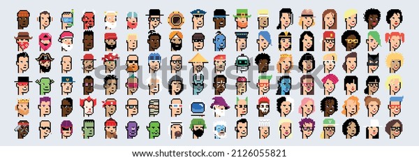 Pixel avatars. Set of 8-bit character. Isolated\
male and female heads