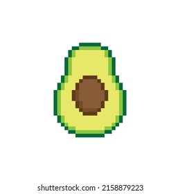 icono de aguacate píxel.  Logotipo de medio aguacado de 8 bits de píxeles vectoriales para juego
