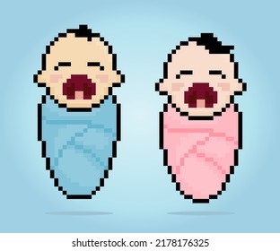 Pixel baby boy and girl is crying. Illustration of cute twin babies.