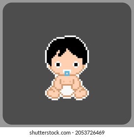 Pixel baby boy is sitting. Cute baby vector illustration