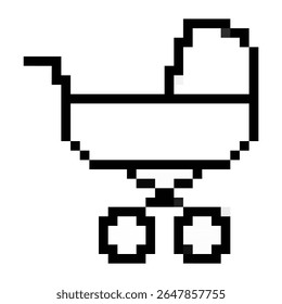 Pixel baby stroller icon vector, designed with a retro, 8-bit aesthetic. Perfect for gaming family themes, digital parenting apps, vintage childcare, or any design needing a nostalgic transport