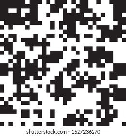Pixel Background, Abstract Geometric Black and White Vector Art, Irregular Tangled Shapes Design, Random Order Digital Camouflage Seamless Chaotic Pattern