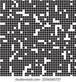 Pixel Background, Abstract Geometric Black and White Vector Art, Irregular Tangled Shapes Design, Random Order Digital Camouflage Seamless Chaotic Squares Pattern