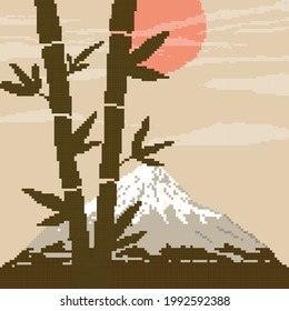 Pixel background. Pixel bamboo, mountain Fuji and red sun. Pixel bamboo. Pixel art 8 bit vector