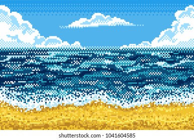 Pixel background with beach, sea, sky and clouds. Seamless horizontally. For games and mobile applications.