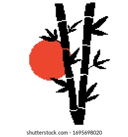 Pixel background. Card with bamboo, birds and red sun. Pixel bamboo. Pixel art 8 bit vector