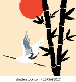 Pixel background. Card with bamboo, crane bird and red sun. Pixel bamboo. Pixel art 8 bit vector