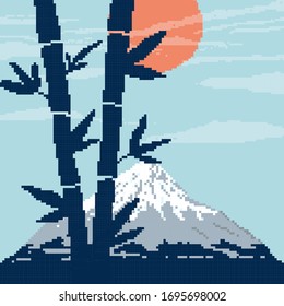 Pixel background. Card with bamboo, mountain Fuji and red sun. Pixel bamboo. Pixel art 8 bit vector