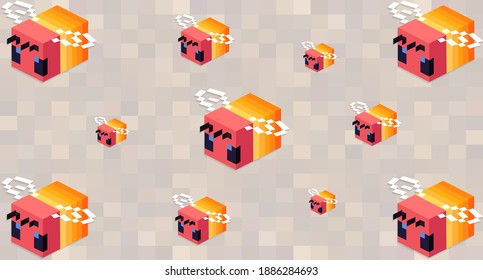 Pixel background with colored pixel bees on it. Baby eight-bit bees on a seamless pattern. Vector illustration
