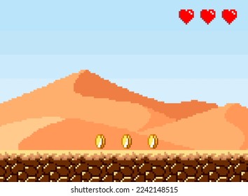 Pixel background. Desert. Coins and health. Seamless Vector illustration EPS 10