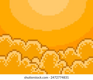 pixel background with evening sky and clouds. Sun glare. Vector illustration