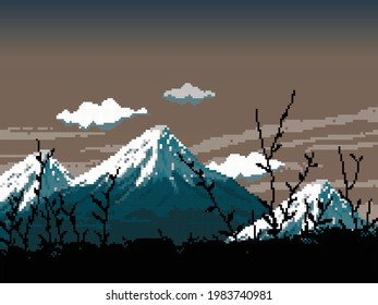 Pixel background with forest for games. Pixel art silhouette of forest and mountains. 8 bit Pixel art