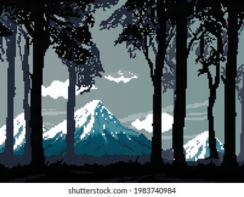 Pixel background with forest for games. Pixel art silhouette of forest and mountains. 8 bit Pixel art