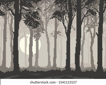 Pixel background with forest for games and mobile applications. Pixel art silhouette of forest. 8 bit. 