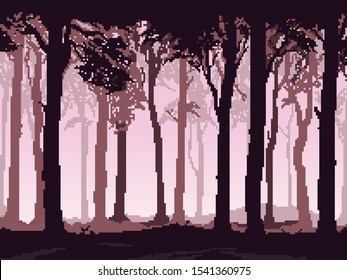 Pixel background with forest for games and mobile applications. Pixel art silhouette of forest. 8 bit. 