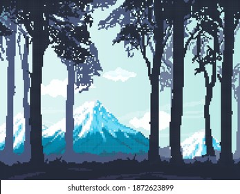 Pixel fondo con bosque para juegos y aplicaciones móviles. Silueta de arte de Pixel de bosque y montañas. 8 bits. Arte de píxeles