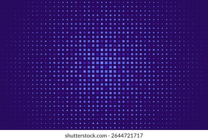 Fundo do pixel. Textura digital futurista com formas violetas. Grade quadrada irradiando do centro. Design tecnológico abstrato mínimo para web, ciência ou apresentação. Mosaico colorido. Ilustração de vetor.