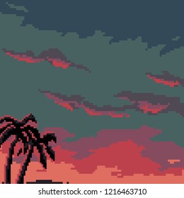 Pixel background futuristic landscape retro style.  Pixel palms. Pixel art. 8 bit