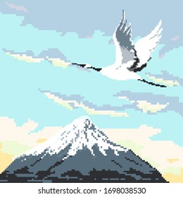 Pixel background for game. Pixel cloud, mountain, crane bird. Pixel art 8 bit vector