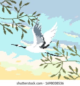 Pixel background for game. Pixel cloud, tree, crane bird. Pixel art 8 bit vector