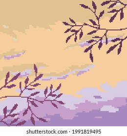 Pixel background for game. Pixel cloud, tree. Pixel art 8 bit vector