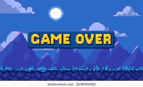 Pixel background with mountain night landscape and "Game Over" inscription. 8 bit. Wallpaper for retro video game with mountains, sky, moon and horizon. Vector illustration. Graphic interface.