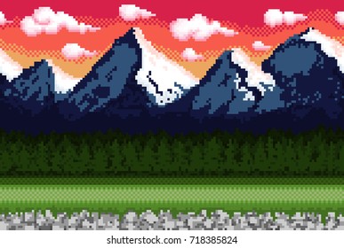 Pixel background with mountains and forest for games and mobile applications. Seamless when docking horizontally.