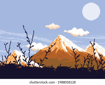 Pixel background with mountains for games. Pixel art silhouette of grass and mountains. 8 bit Pixel art