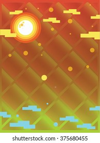 Pixel Background Orange With Yellow Sun, Clouds, Water Cartoon Vector