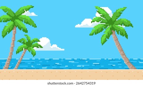 Fundo de pixel com palmeiras, areia e horizonte de água, céu azul com nuvens. Paisagem de 8 bits de praia para videogame retrô. Design de interface de jogo Arcade. Ilustração plana vetorial.