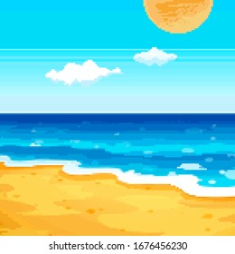 Pixel background for summer vacation.Summer beach game background. Pixel art 8 bit. 