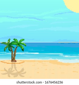 Pixel background for summer vacation.Summer beach game background. Pixel art 8 bit. 