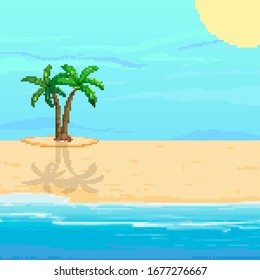 Pixel background for summer vacation.Summer beach game background. Pixel art 8 bit. 