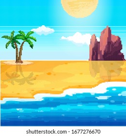 Pixel background for summer vacation.Summer beach game background. Pixel art 8 bit. 