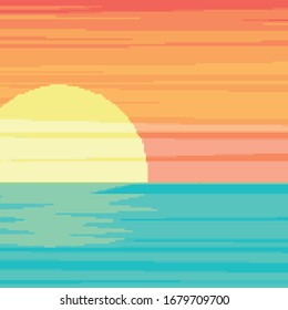 Pixel background for summer vacation.Summer beach game background. Pixel art 8 bit. 