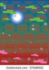 Pixel Background with Sun, Clouds, Water Cartoon Vector