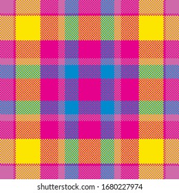 Pixel background vector design. Modern seamless pattern plaid. Square texture fabric. Tartan scottish textile. Beauty color madras ornament.